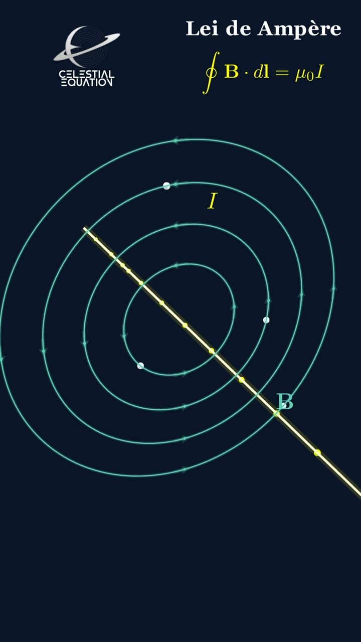 Quadro da animação sobre a Lei de Ampère com linhas circulares do campo magnético.